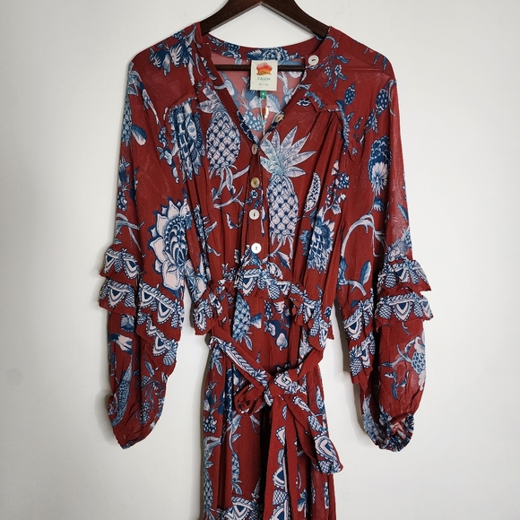 FARM Rio Tropical Landing Red Longsleeve Maxi Dress Medium Bohemian Resortwear - Picture 5 of 16